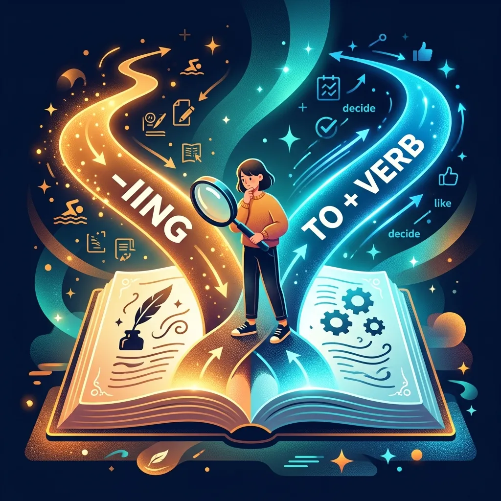 Ілюстрація вибору між герундієм (-ing) та інфінітивом (to + verb) у англійській мові