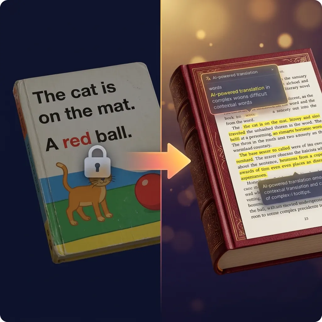 Split comparison showing a simple graded reader book versus a rich original novel with AI-powered translation overlays