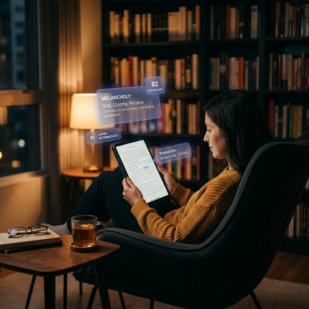 AI-powered reading companion explains complex literary passages in context, adapting to the learner's level