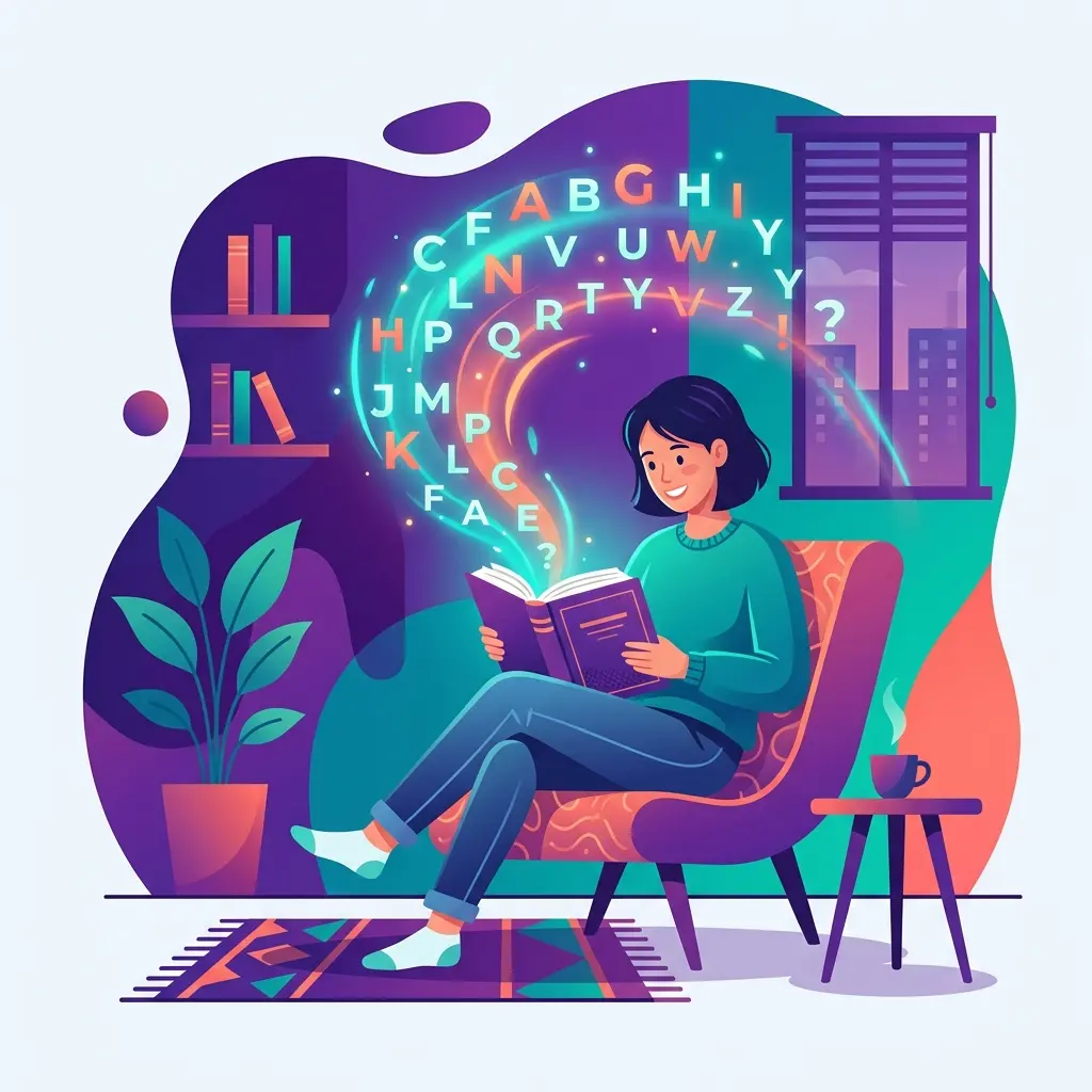 Сучасна ілюстрація дівчини, яка читає книгу, з якої вилітають літери англійського алфавіту
