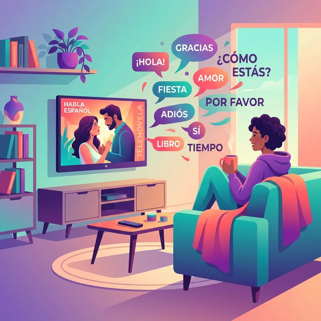 Person learning Spanish while watching a telenovela on the couch