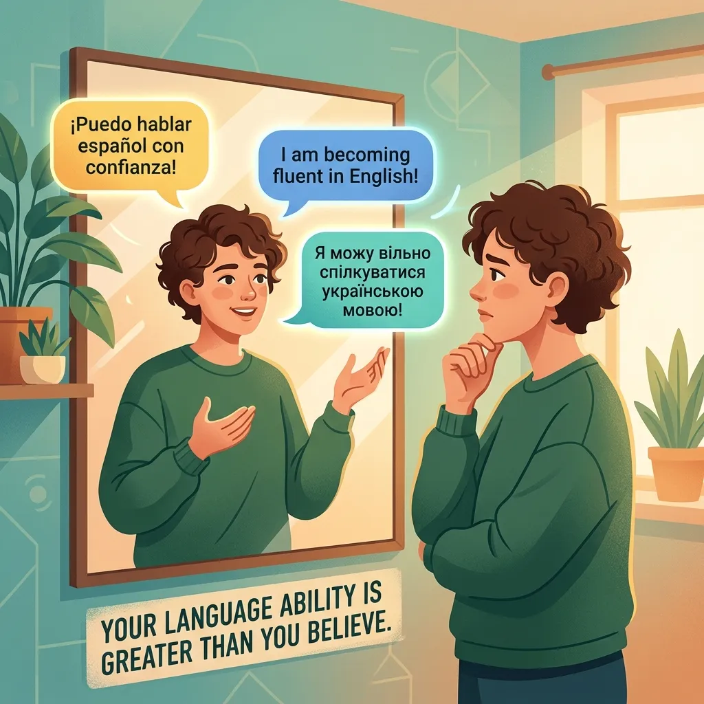 A language learner looking in a mirror where their reflection confidently speaks multiple languages, representing how imposter syndrome hides your true ability