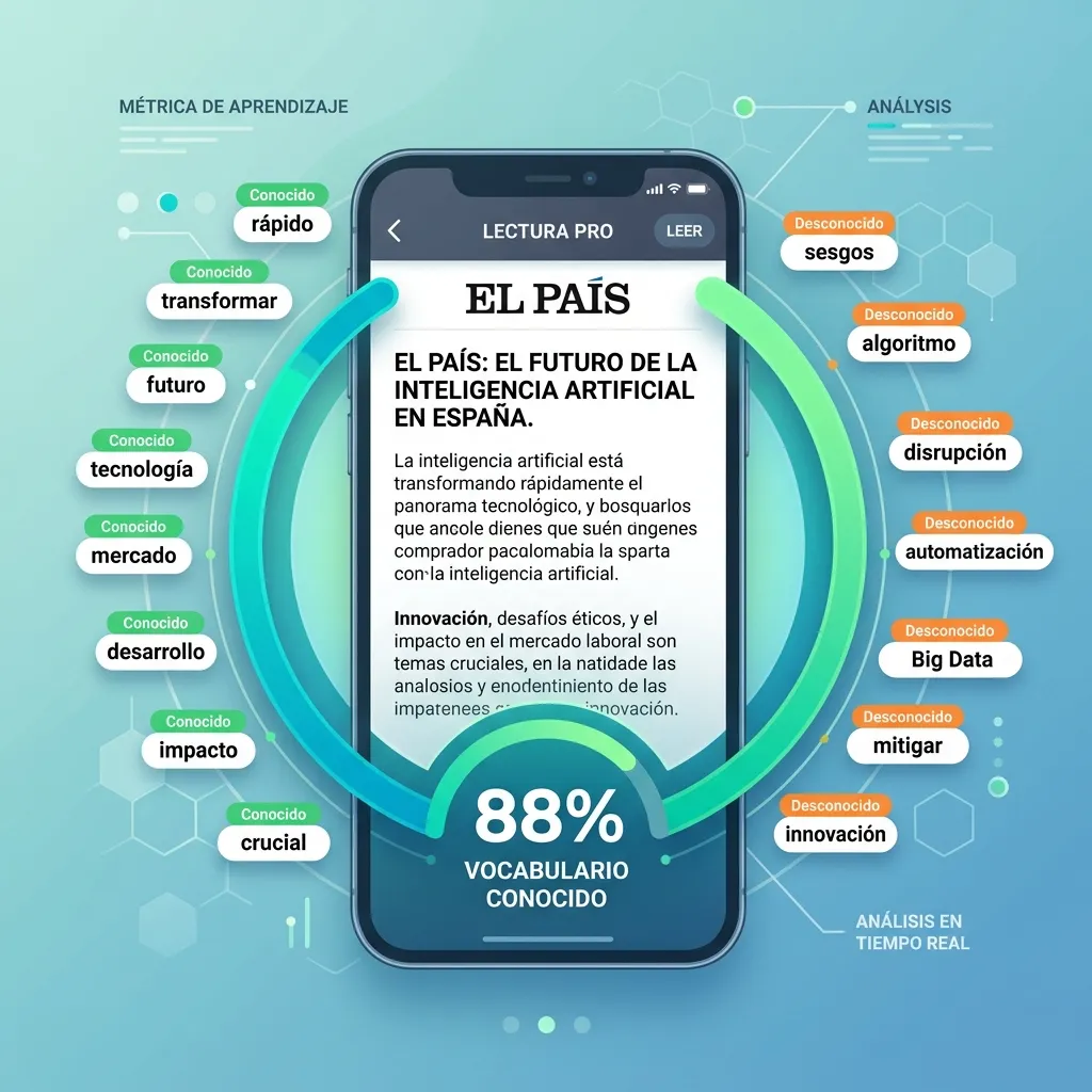 MovaReader vocabulary analysis showing 88% known words in a Spanish article from El País