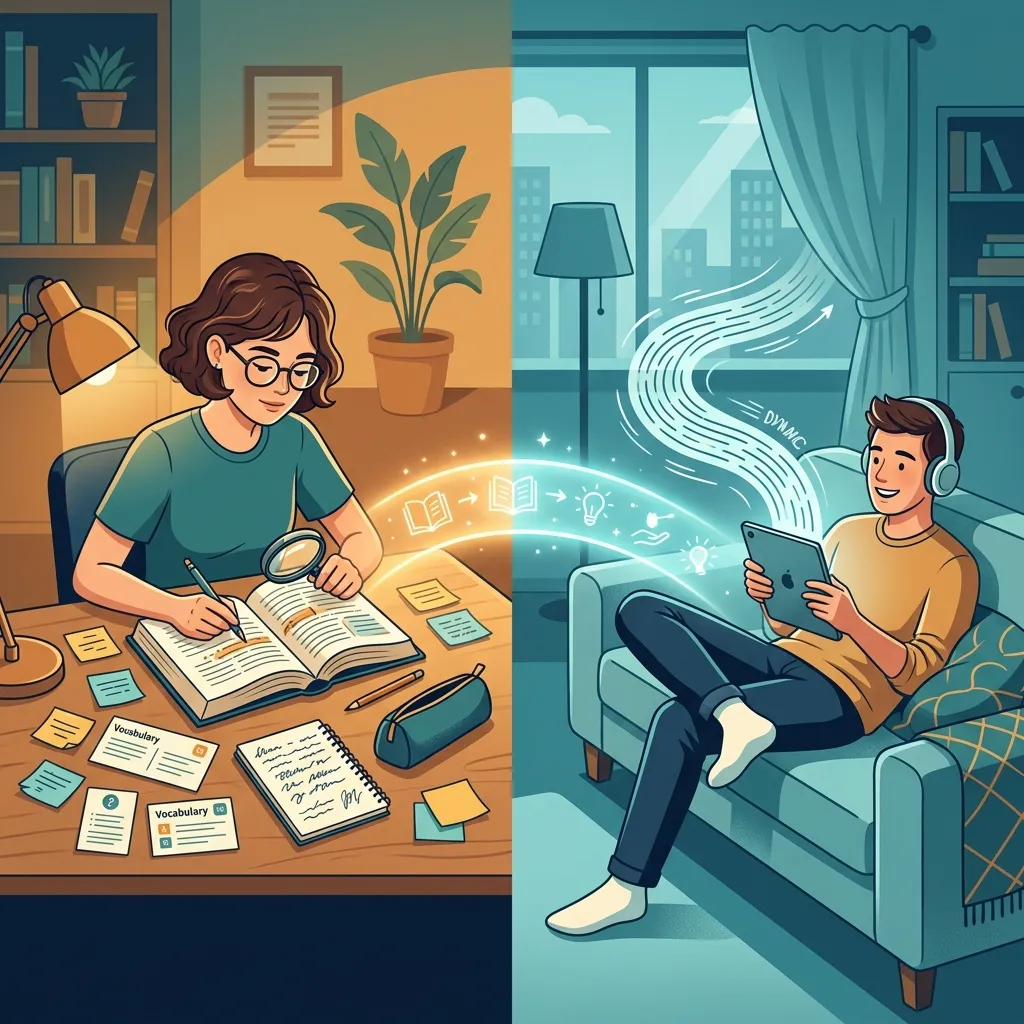 Split illustration showing intensive reading with annotations on the left and extensive reading for pleasure on the right, connected by a glowing bridge representing the blended strategy