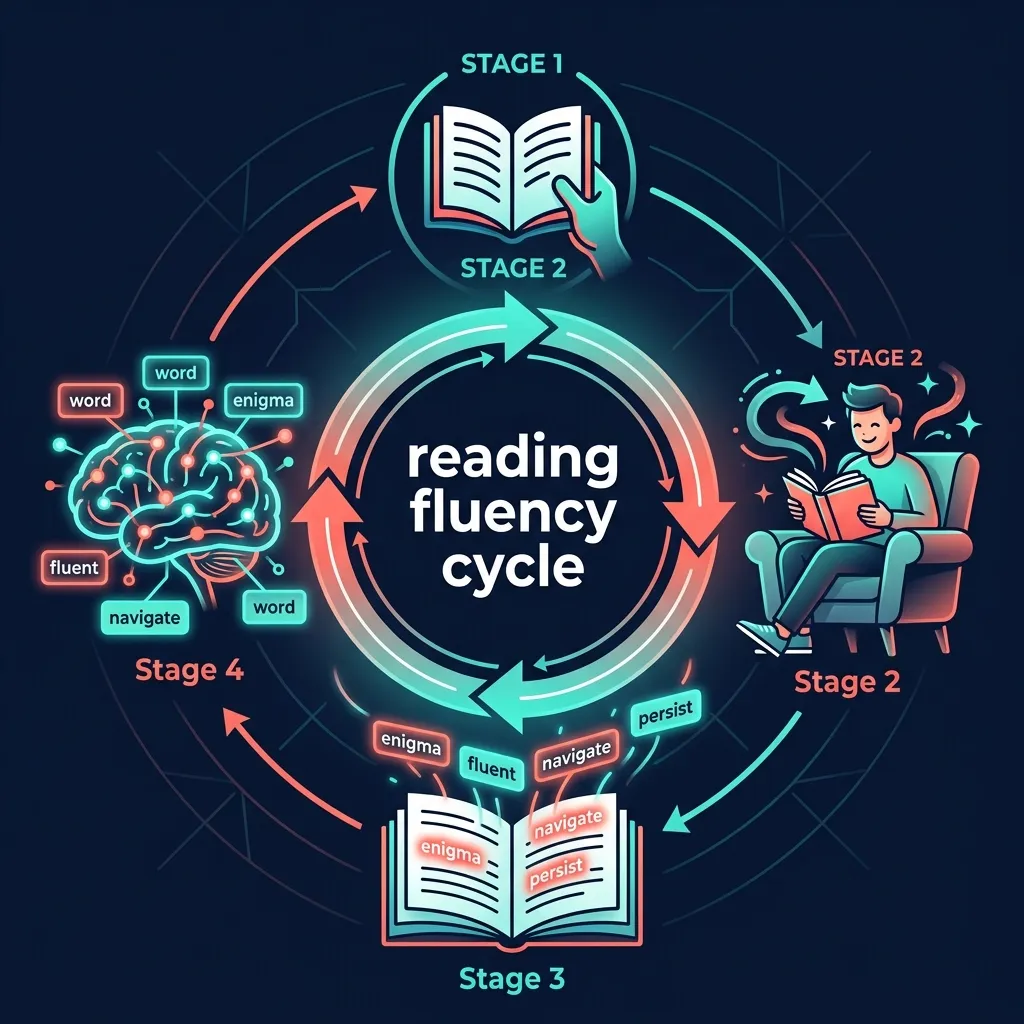 The fluency cycle: read for pleasure, tap unknown words, automatic vocabulary capture, spaced repetition review