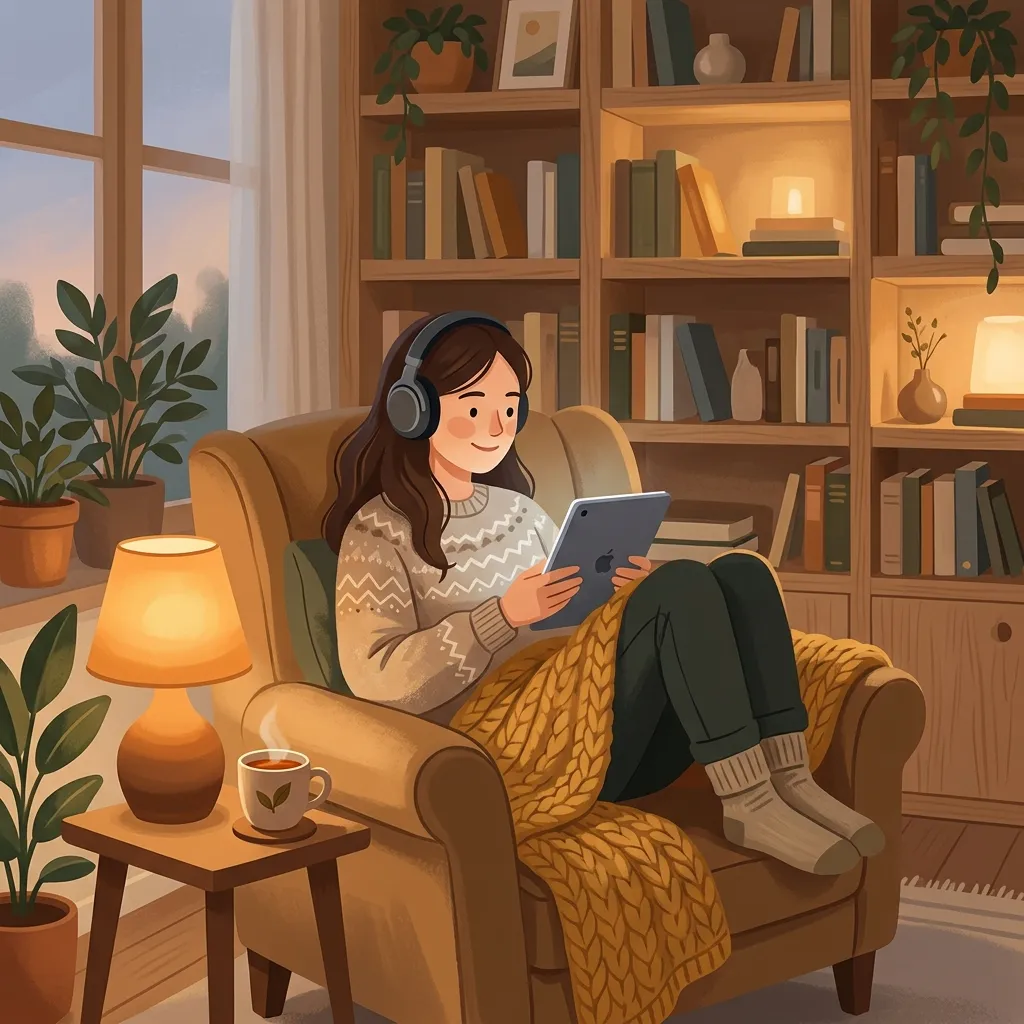 An introvert comfortably reading on a tablet with headphones in a cozy home nook, learning a language privately