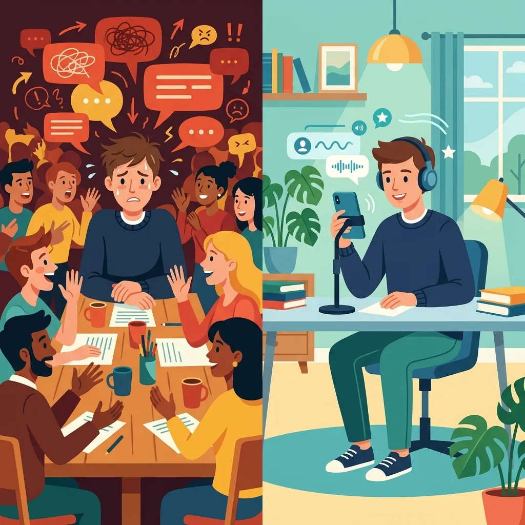 Stress of a speaking club vs the calm of solo practice at home with headphones and an app