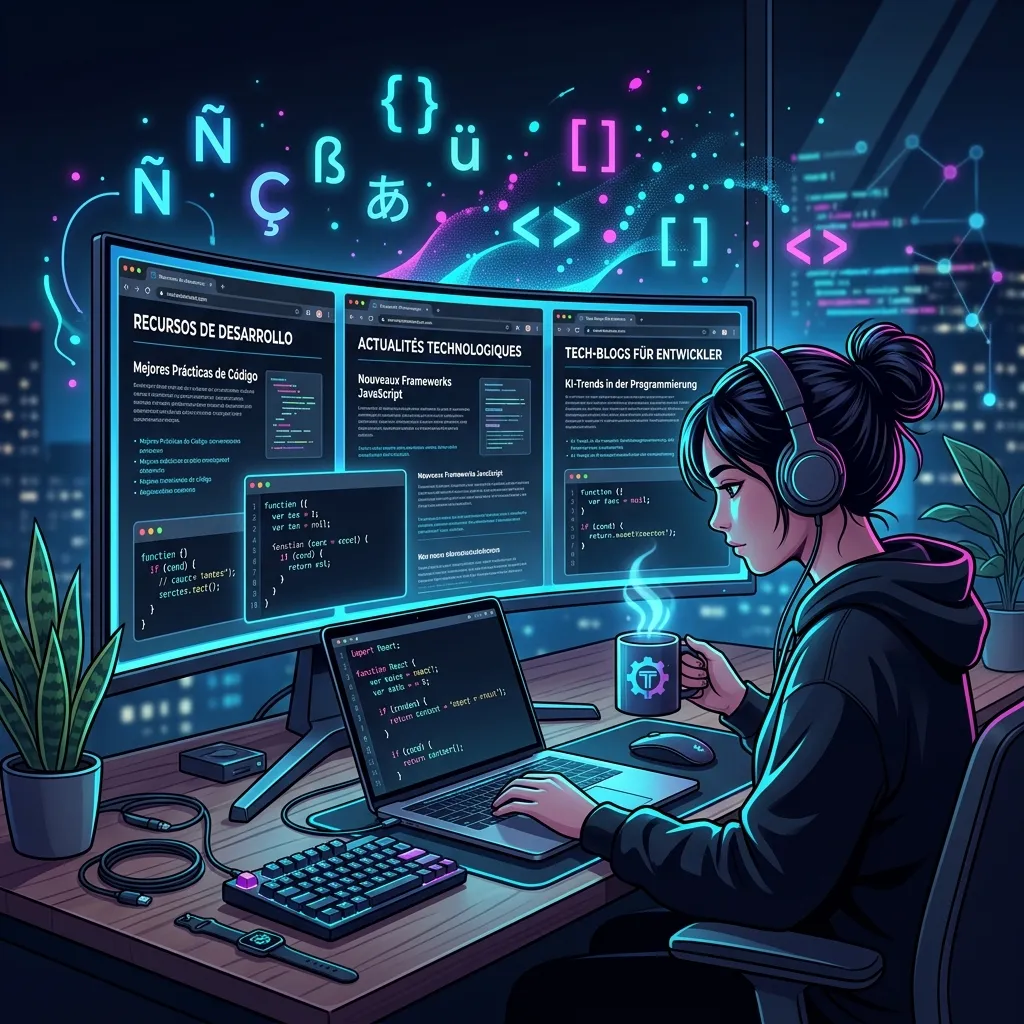 Developer reading tech blogs in multiple languages on a futuristic workstation with glowing code and language symbols