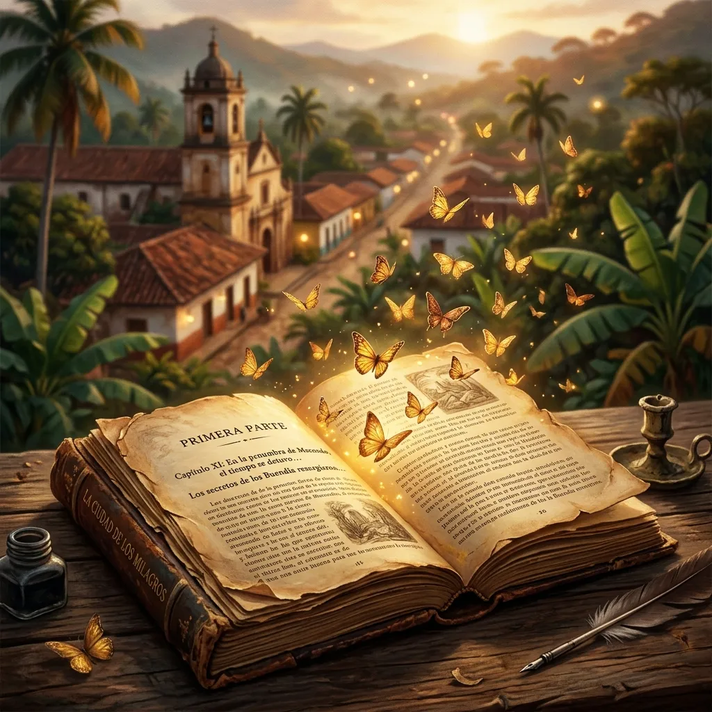A magical realist scene with a Spanish book open among golden butterflies in a lush Colombian village — the literary world of Gabriel García Márquez