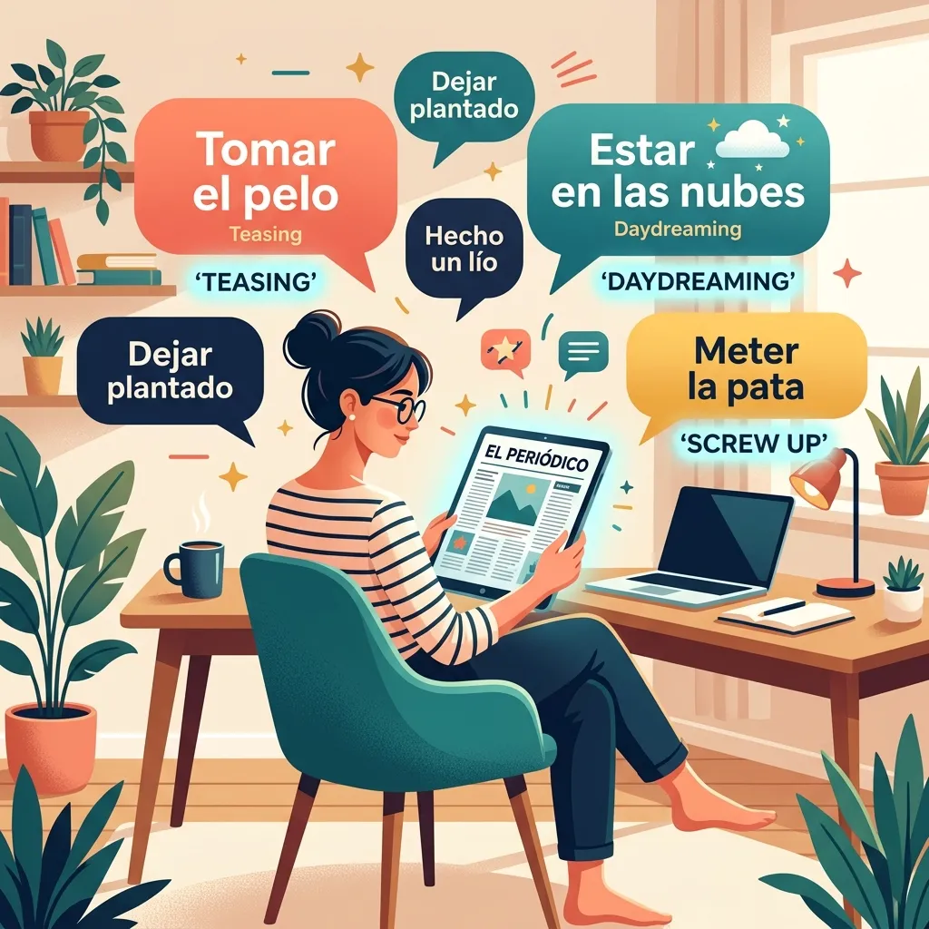 Person reading a Spanish digital newspaper on a tablet with colorful speech bubbles showing idioms like tomar el pelo, estar en las nubes, and meter la pata with AI translation highlights