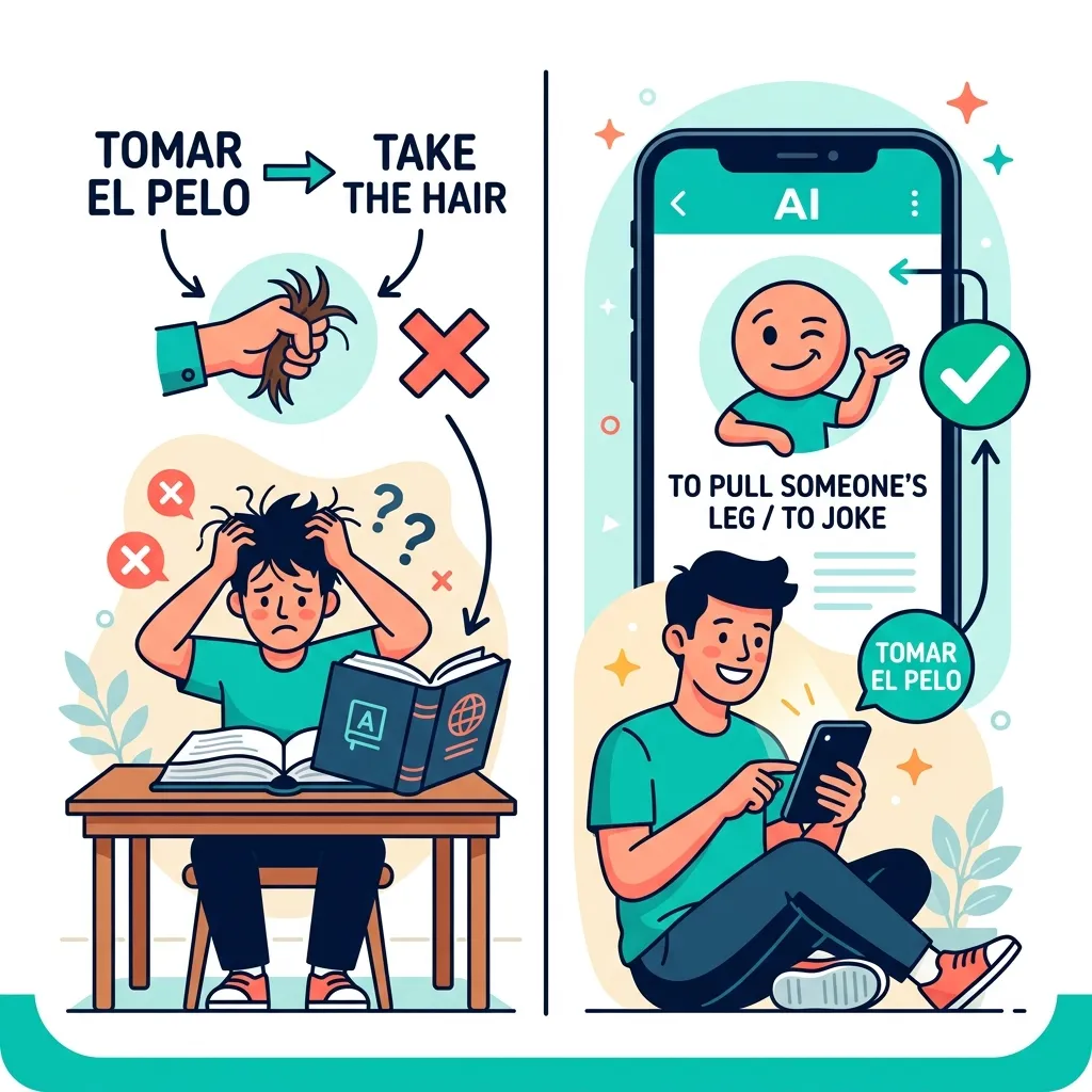 Traditional dictionary vs. AI reader comparison for Spanish idiom translation — dictionary gives literal word-by-word translation while AI recognizes the full idiomatic meaning