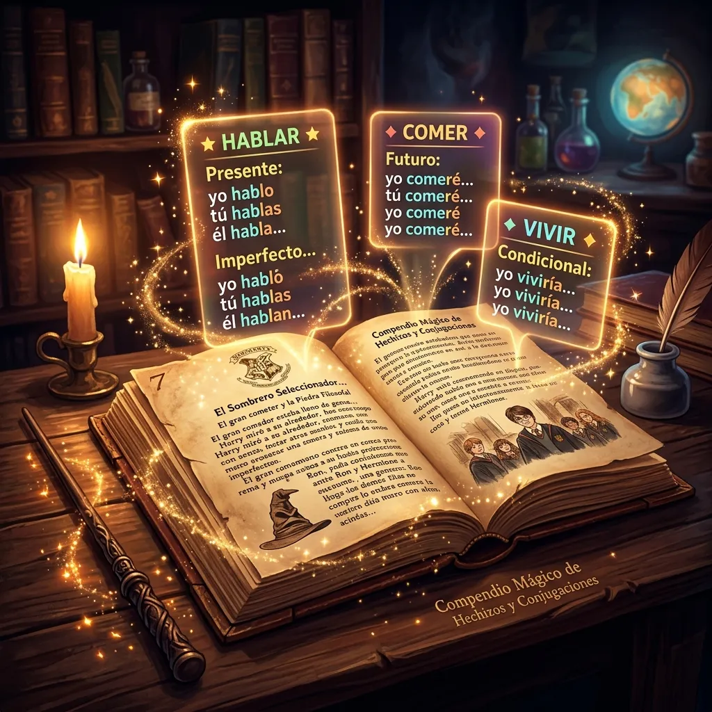 A magical open book displaying Spanish verb conjugations as glowing holographic projections floating above Harry Potter pages, with a wizard's wand and golden sparkles in a dark, enchanting library setting