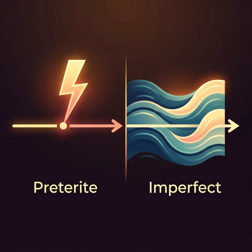 Preterite captures a single completed moment like a lightning strike, while Imperfect flows like continuous waves — two fundamentally different ways of viewing the past