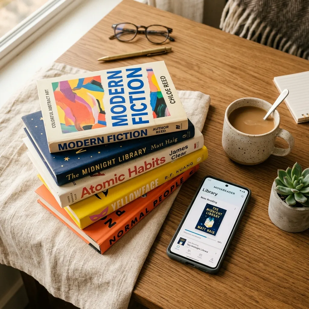 Стопка 5 сучасних бестселерів англійською з телефоном, що показує MovaReader — ідеальний набір для читання на рівні B2