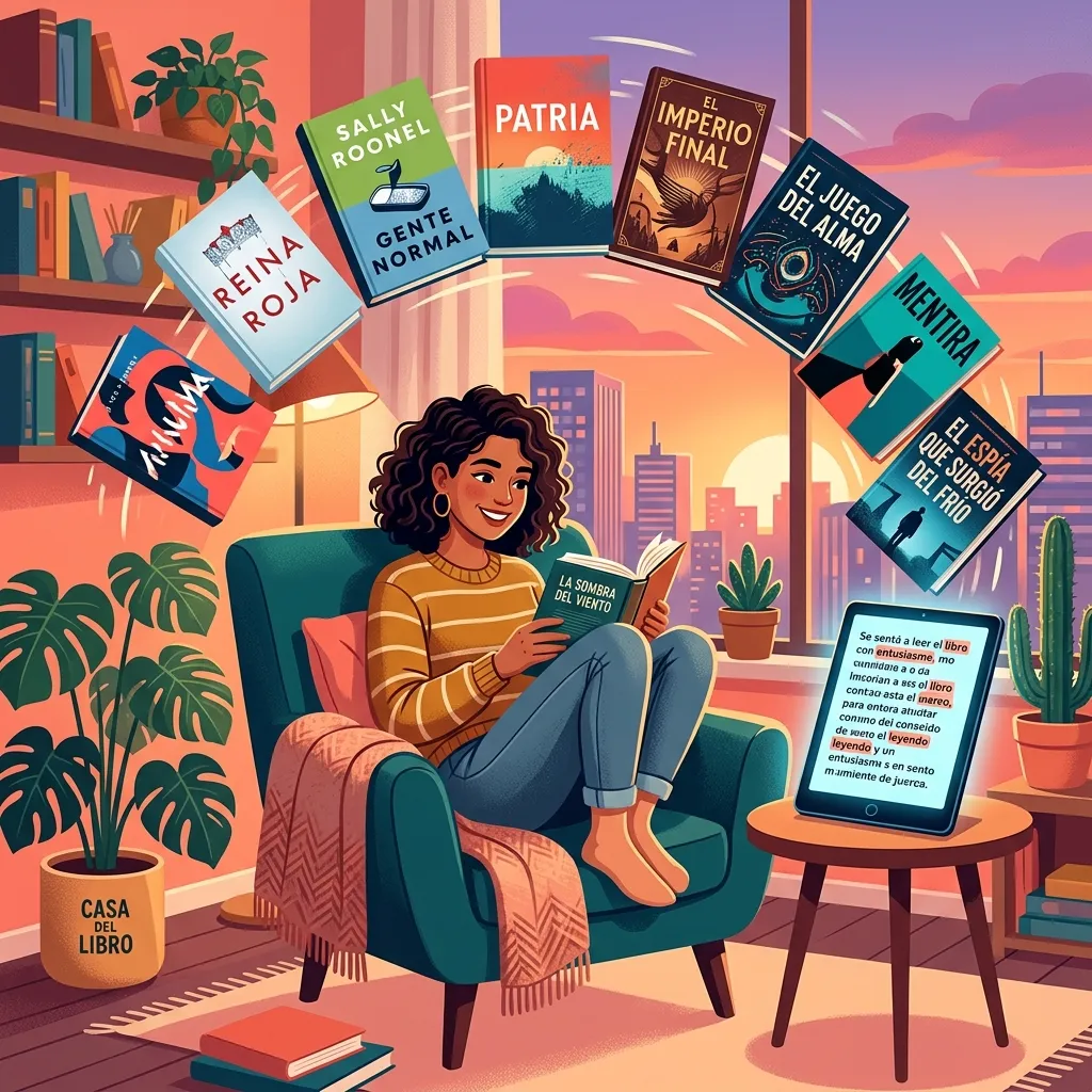 Modern Spanish bestseller books floating around a reader with AI-powered translation on a tablet