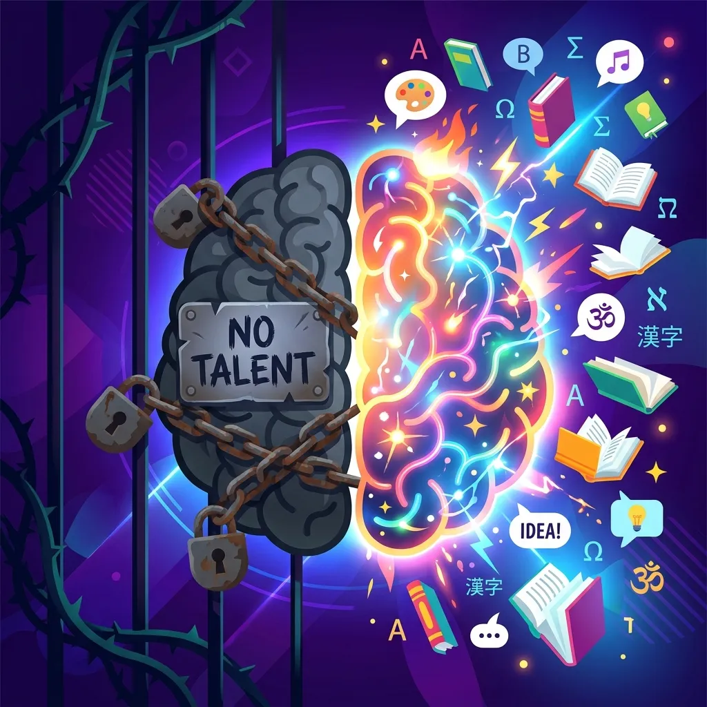 Conceptual illustration of a brain split between a chained gray side labeled No Talent and a vibrant colorful side bursting with books and language symbols