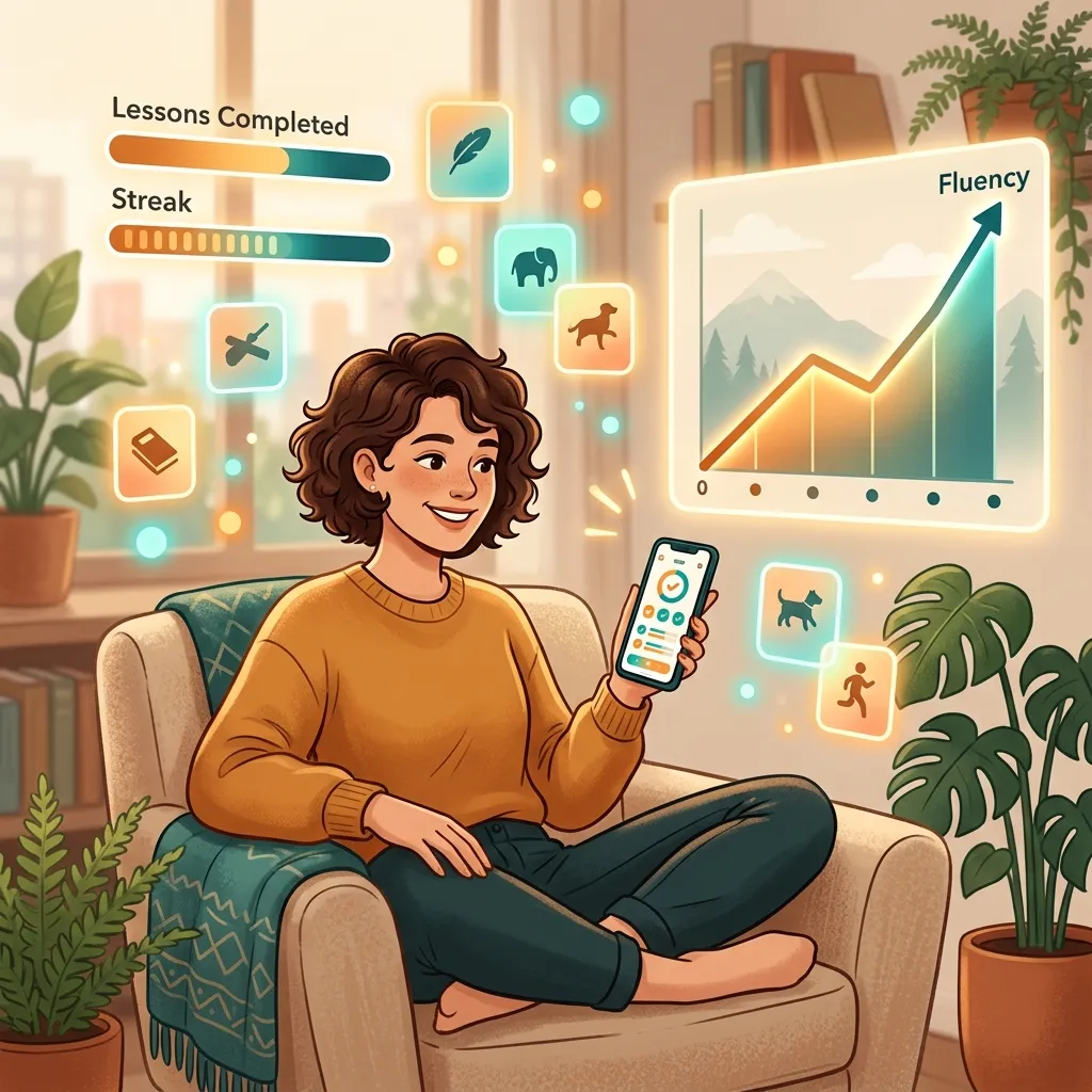 A person learning a language on their phone with progress tracking, surrounded by vocabulary cards and a fluency growth chart