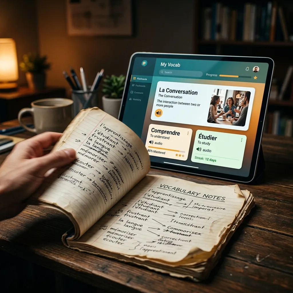 A frustrated language learner pushing aside a handwritten vocabulary notebook in favor of a modern digital vocabulary dashboard on a tablet