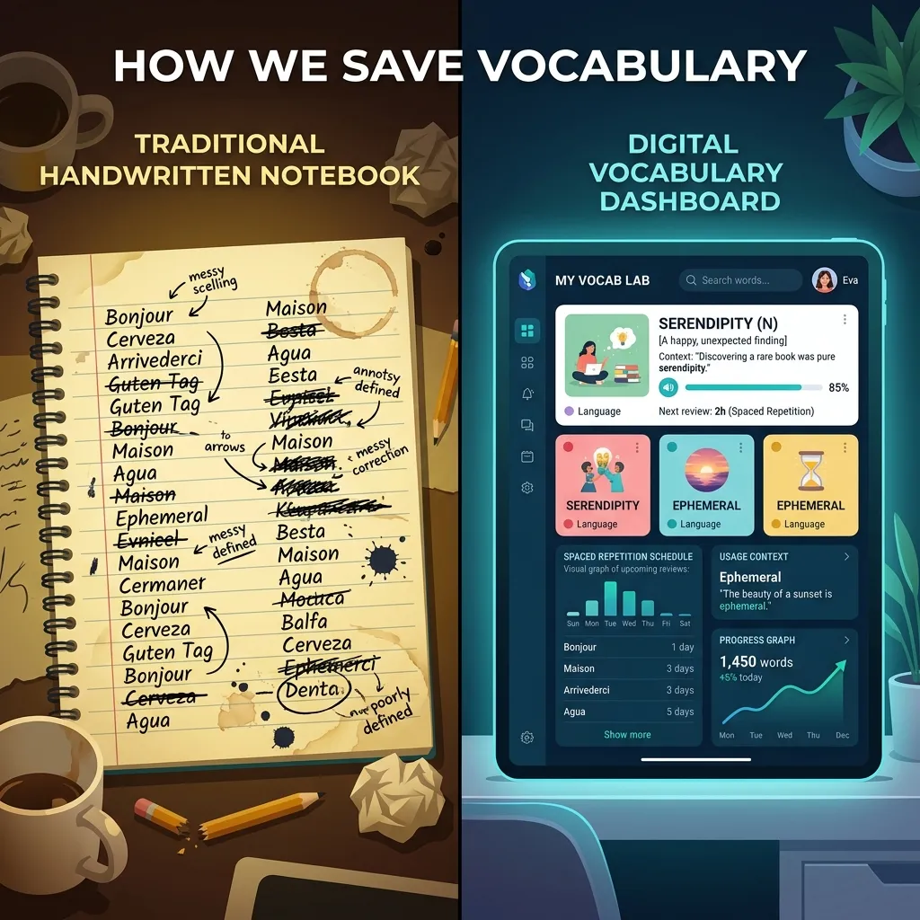 Traditional handwritten notebook vs. a modern digital vocabulary dashboard with spaced repetition, context examples, and progress tracking