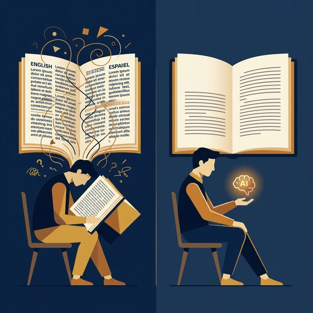 Contrast between cluttered parallel text reading and clean single-language reading with AI assistant