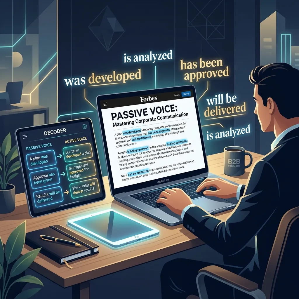 Бізнесмен аналізує статтю Forbes з підсвіченими конструкціями passive voice та AI-декодером