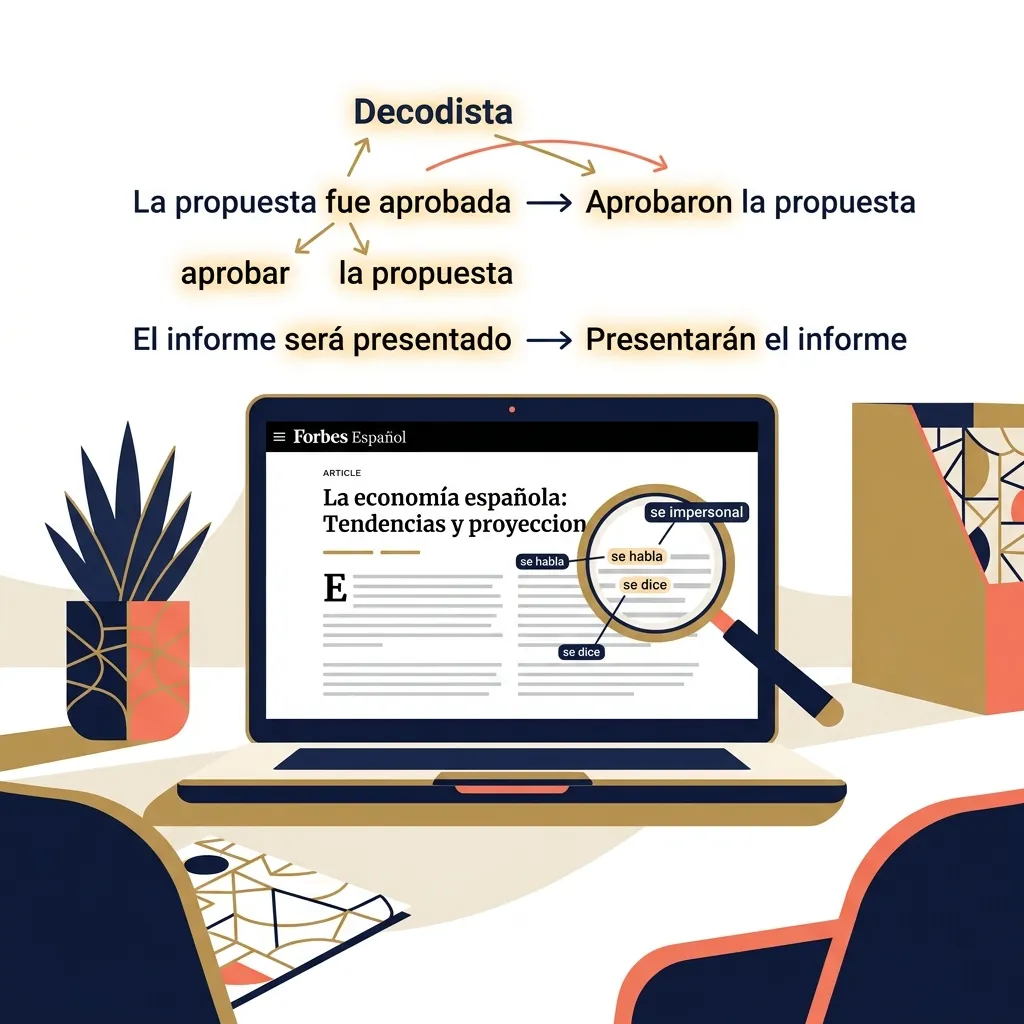 Decoding Spanish passive voice constructions from business articles on a laptop screen with Forbes Español