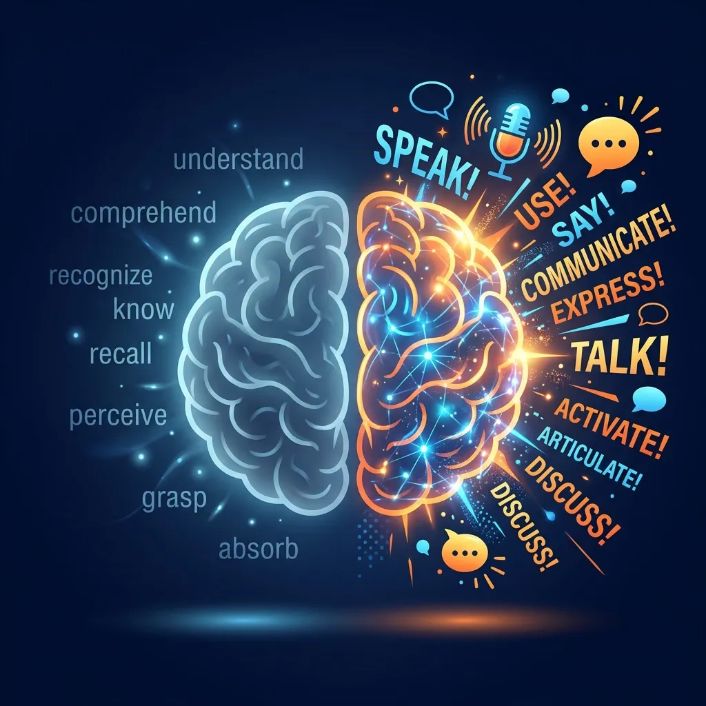 Illustration comparing passive and active vocabulary — a dim brain recognizing words versus a bright brain actively producing speech with sound waves and speech bubbles