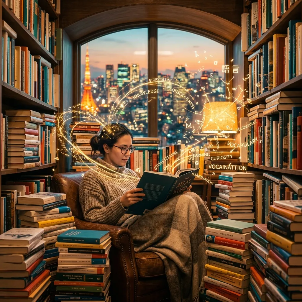 A focused reader surrounded by stacks of multilingual books, absorbing vocabulary through massive reading with glowing neural connections