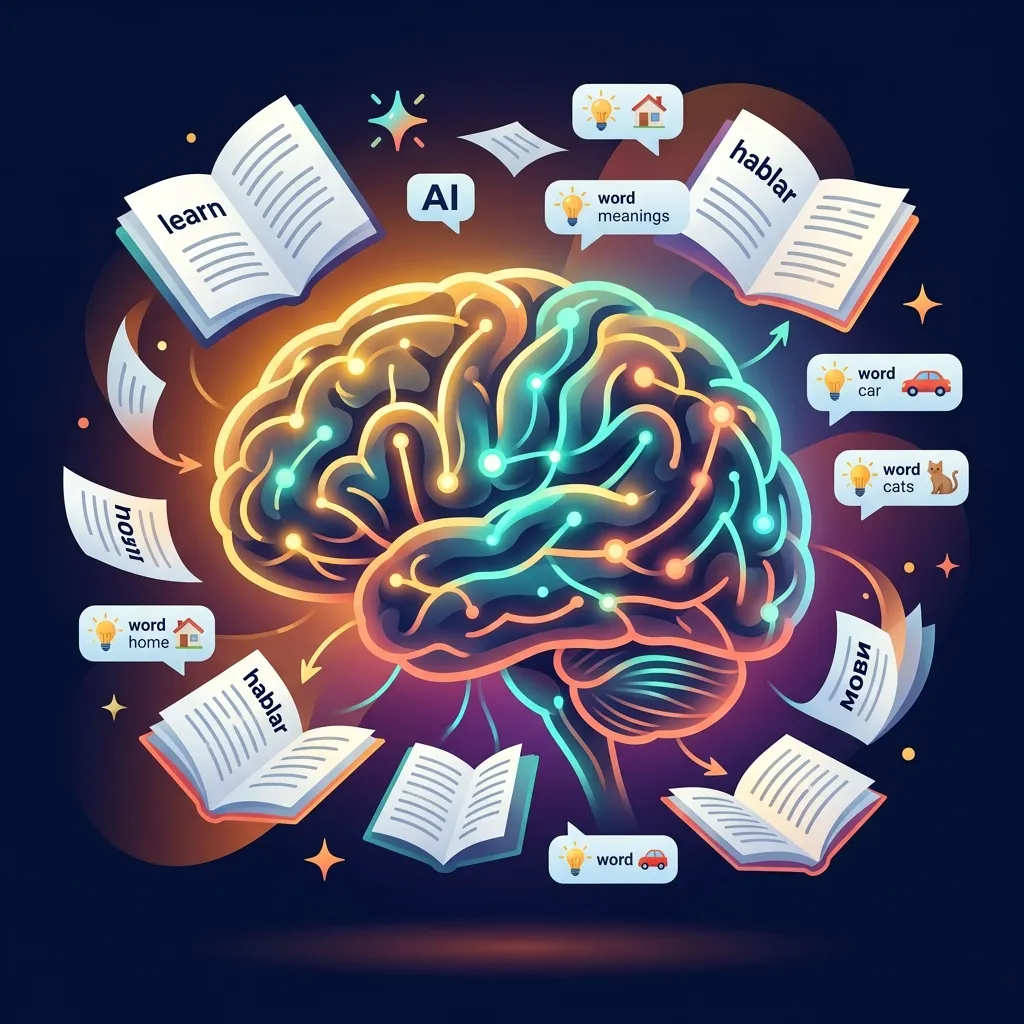 A vibrant illustration of a brain absorbing multilingual book pages through neural pathways, representing contextual language learning