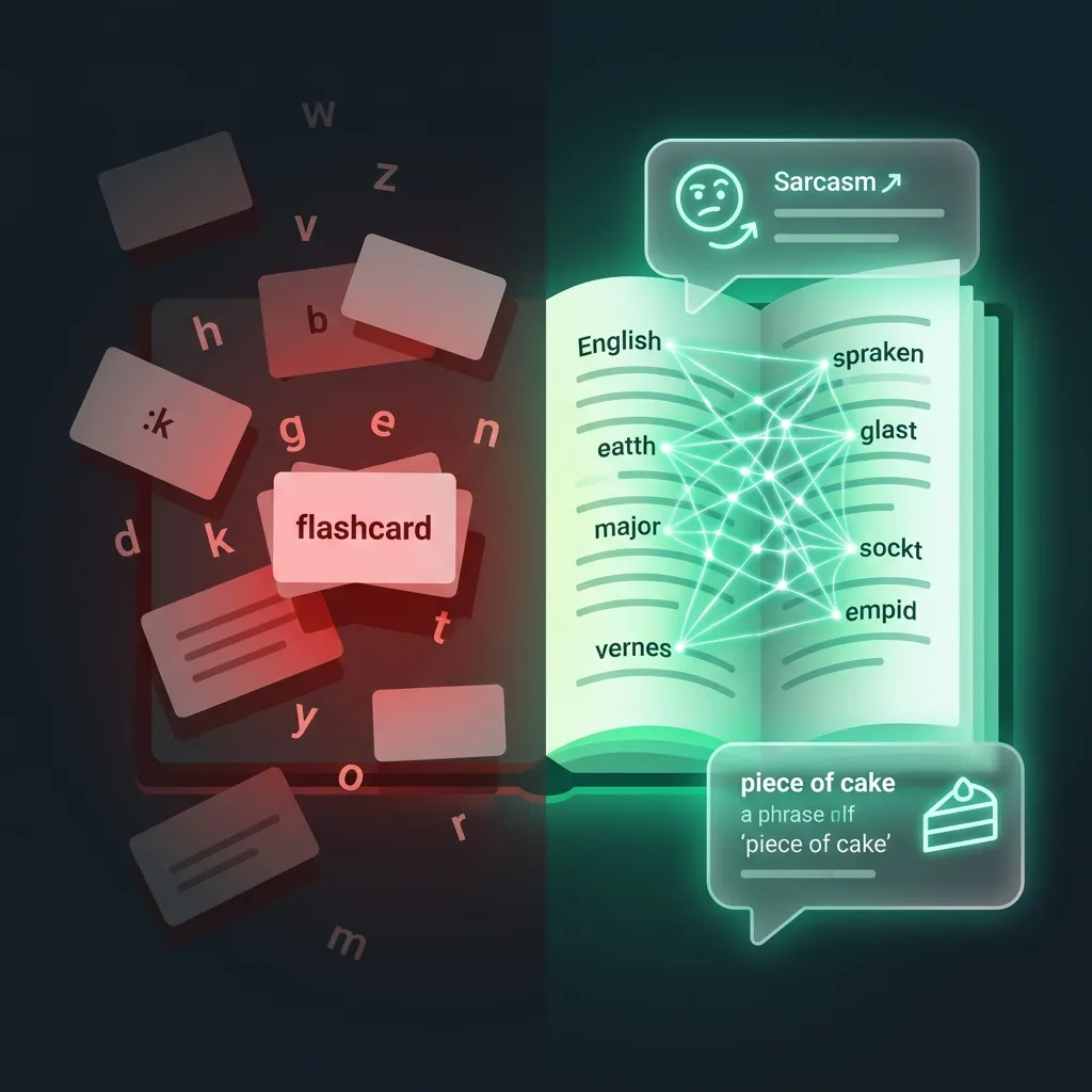 An infographic comparing flashcard memorization with contextual learning networks