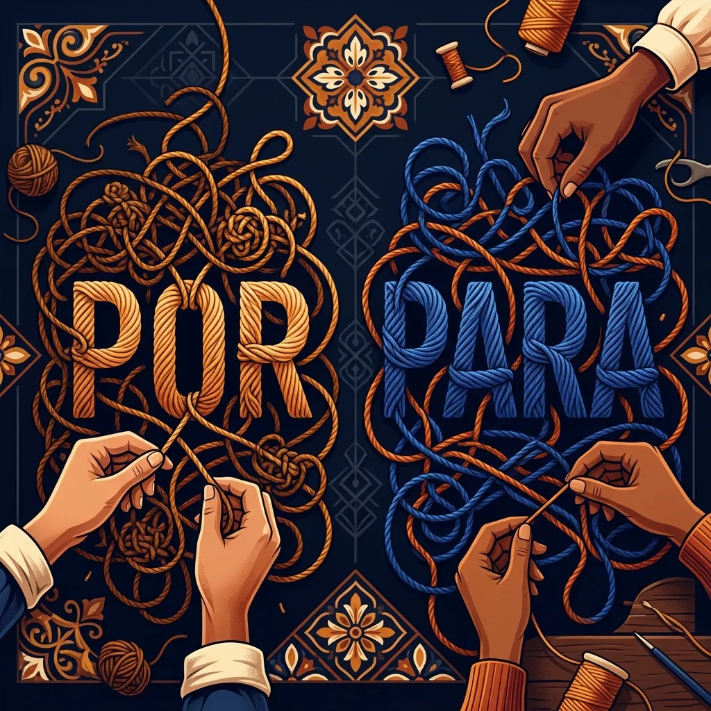 Illustration of the Spanish words POR and PARA made of tangled ropes being untangled by hands against a dark background with Spanish tile patterns