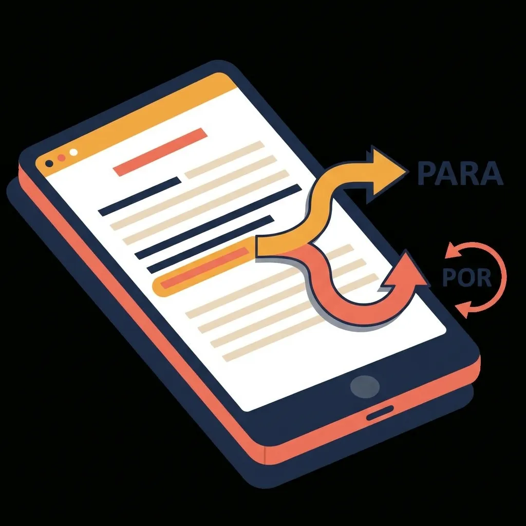 Illustration of a smartphone showing Spanish text with branching arrows — one pointing forward for PARA (destination/purpose) and one curving back for POR (cause/through)