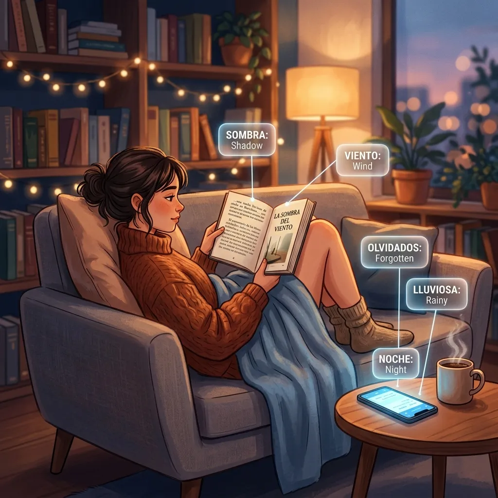 A person reading a foreign-language book on a cozy sofa with instant floating translations appearing from a smartphone nearby