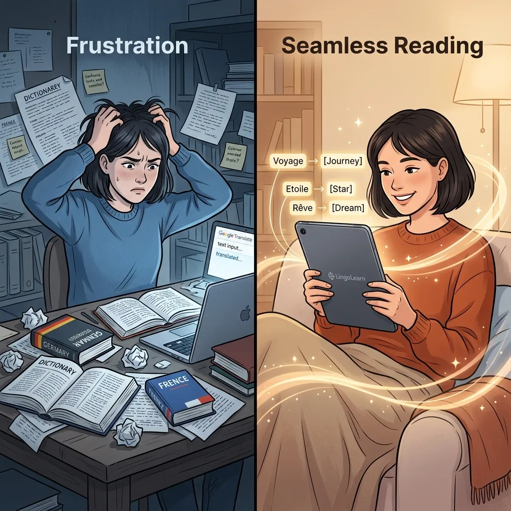 The difference between traditional dictionary lookups and seamless in-context translation — one kills flow, the other preserves it