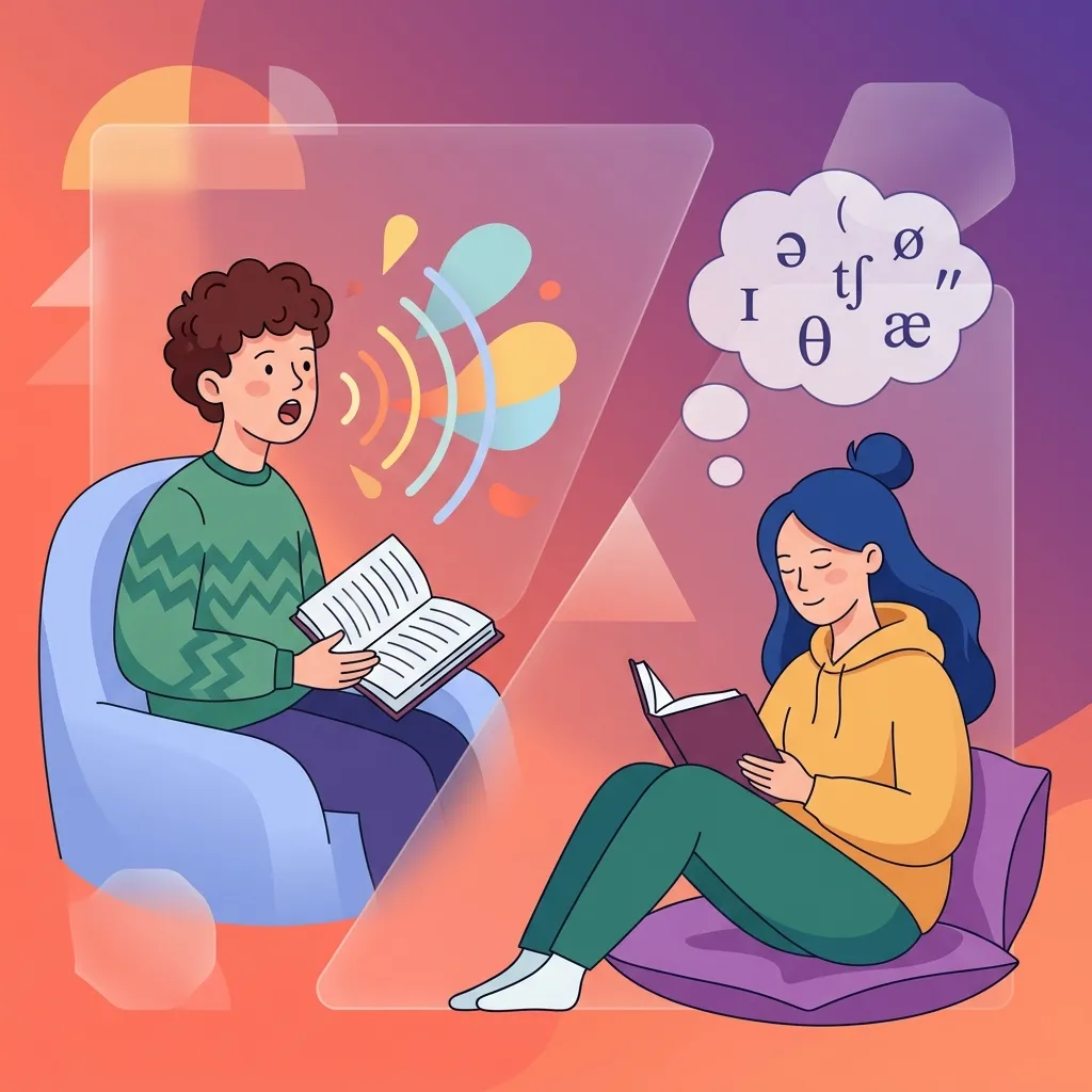 Illustration comparing reading aloud with sound waves and silent reading with phonetic thought bubbles for language learning pronunciation improvement