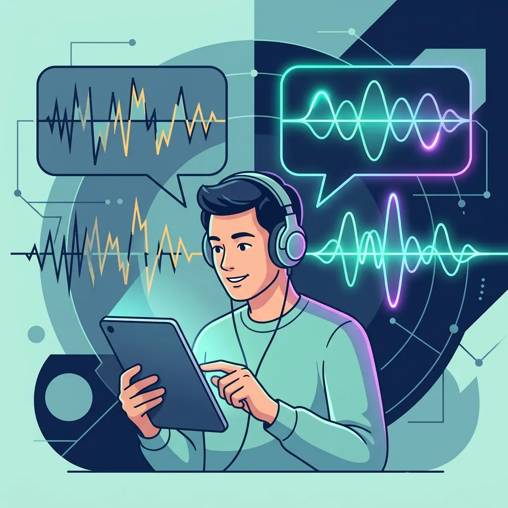 Shadowing technique illustration showing a learner repeating after AI narration while reading on a device
