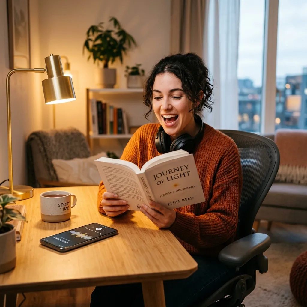 Дівчина читає англійську книгу вголос у затишній кімнаті з навушниками та телефоном із додатком для читання