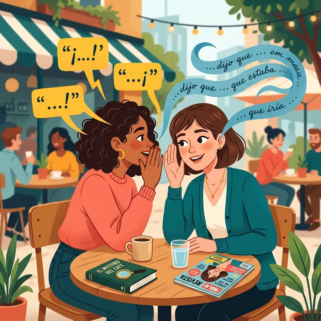 Two friends whispering at a café with speech bubbles transforming from direct quotes to reported speech, surrounded by detective novels and celebrity magazines