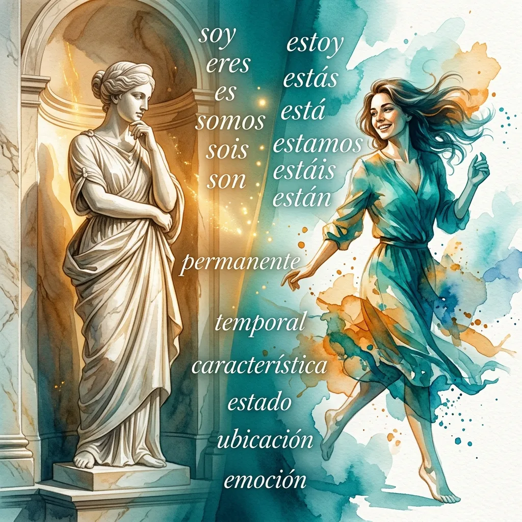 Artistic split composition showing the contrast between ser (permanent marble statue) and estar (dynamic living figure in motion) — the two Spanish verbs for 'to be'