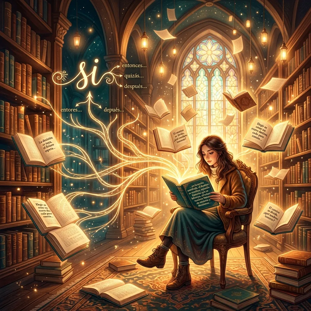 A reader in a magical library surrounded by floating books with Spanish conditional sentences branching like golden paths