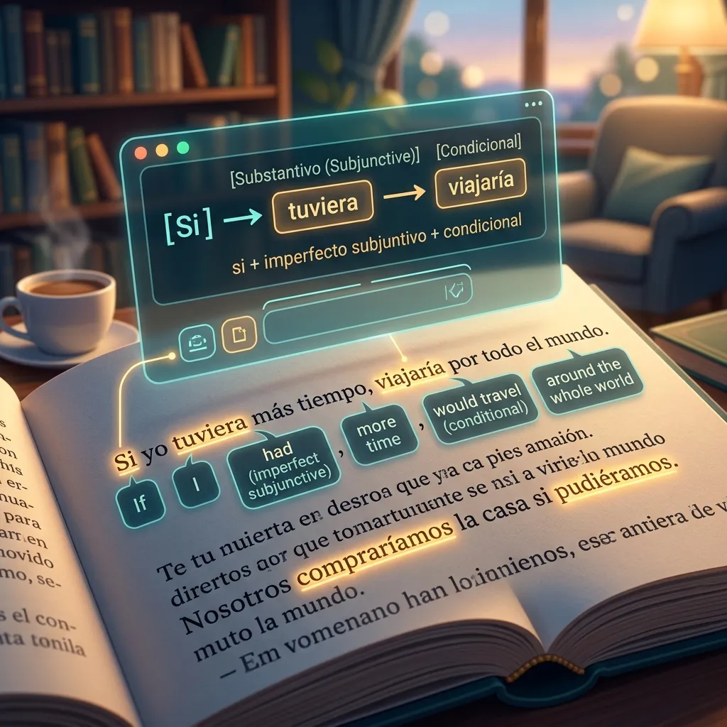 MovaReader AI interface analyzing a Spanish conditional sentence from a novel, showing the grammatical breakdown of si + imperfecto subjuntivo + condicional structure