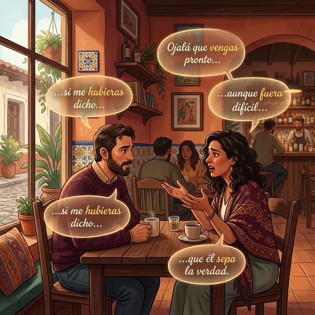 Two people having an emotional conversation in a Latin American café with Spanish subjunctive phrases floating in speech bubbles