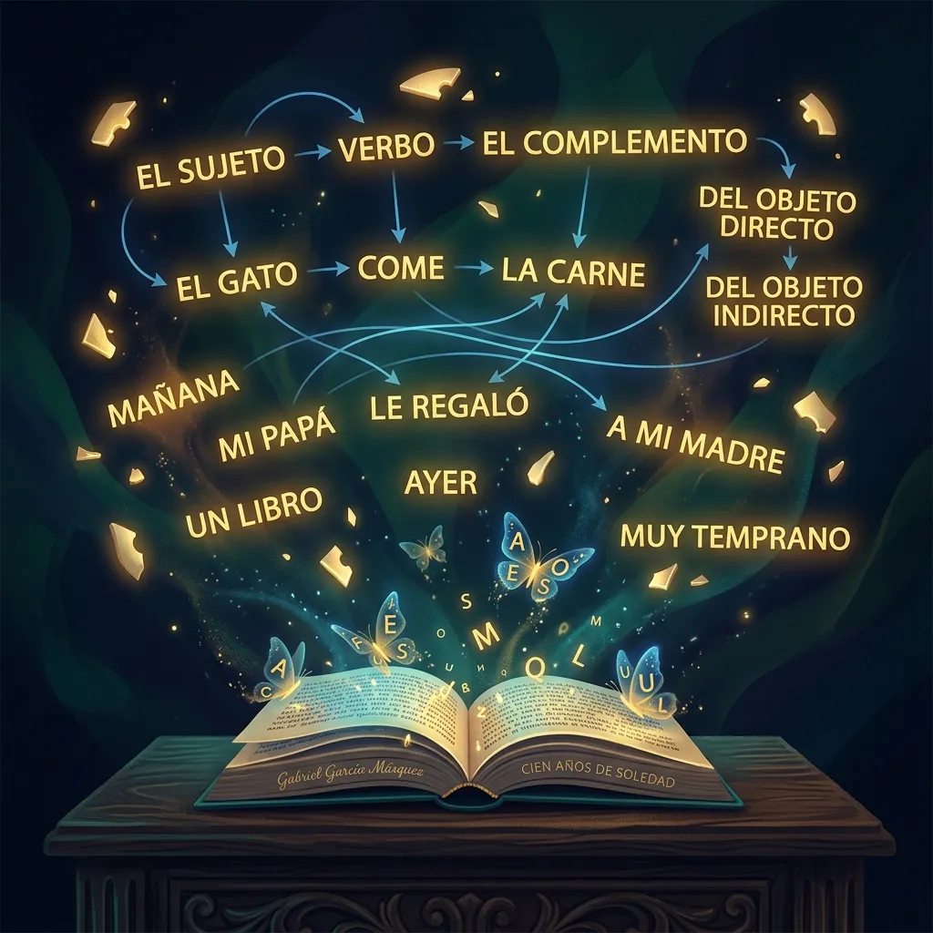 Visual breakdown of Spanish sentence structure with floating word order elements emerging from an open book by García Márquez