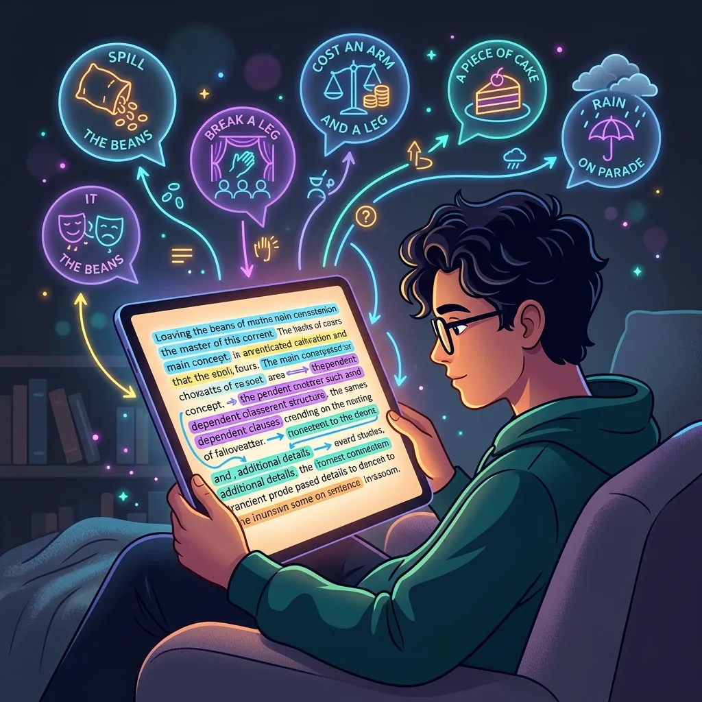 A person reading an e-book with highlighted text blocks and decoded idiom bubbles floating above the screen