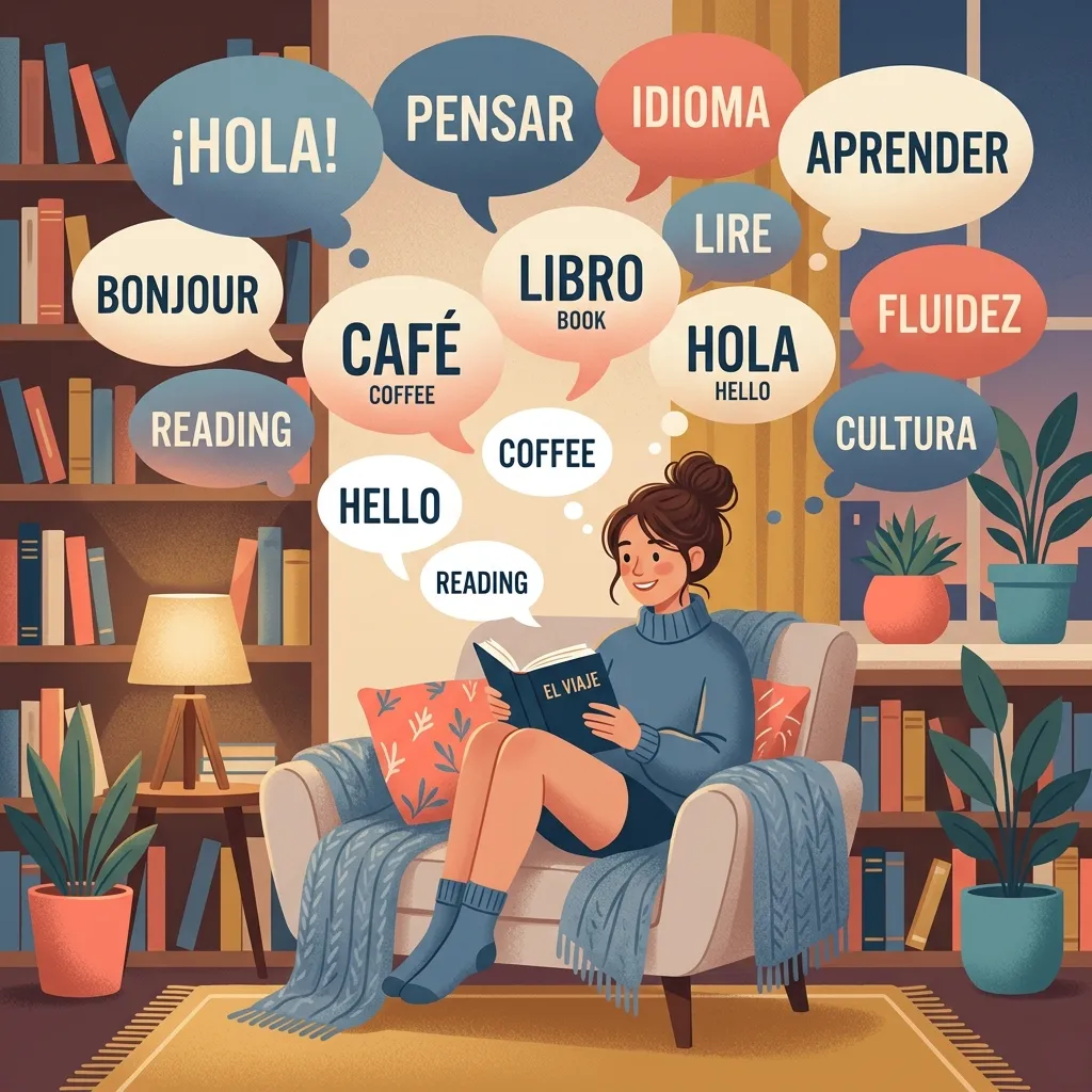 A person reading a book surrounded by floating multilingual thought bubbles, symbolizing the transition from mental translation to thinking directly in a foreign language