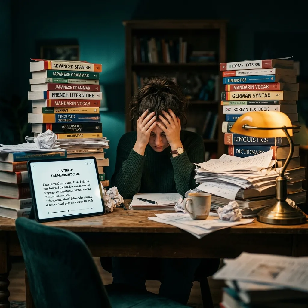 A frustrated language learner overwhelmed by textbooks discovers the joy of reading stories on a tablet with MovaReader