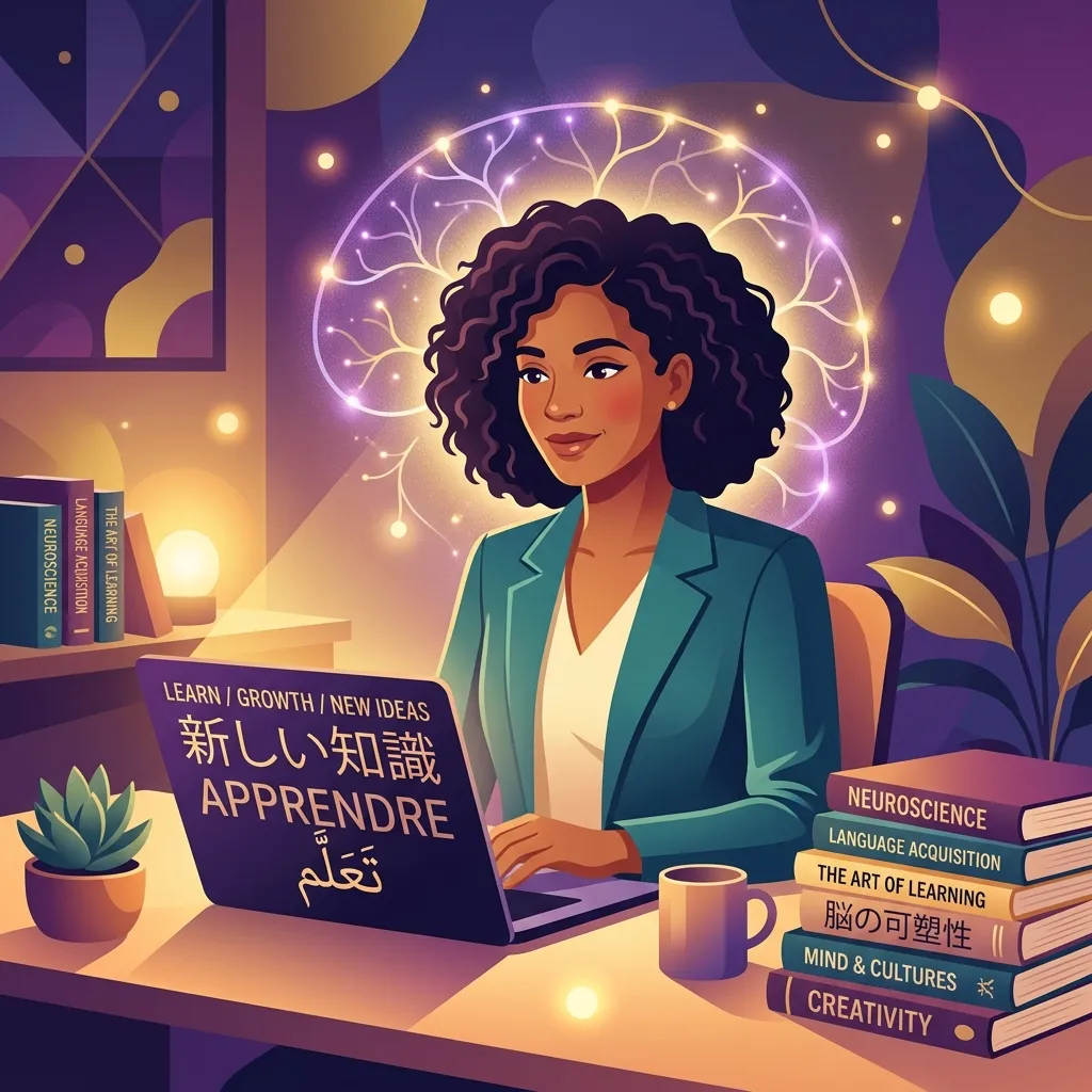 Professional adult with glowing neural pathways around their head, reading multilingual texts on a laptop surrounded by language learning books