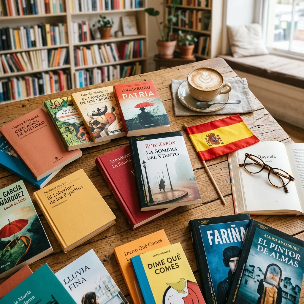 Colorful Spanish paperback books scattered on a sun-drenched wooden table with coffee and reading glasses