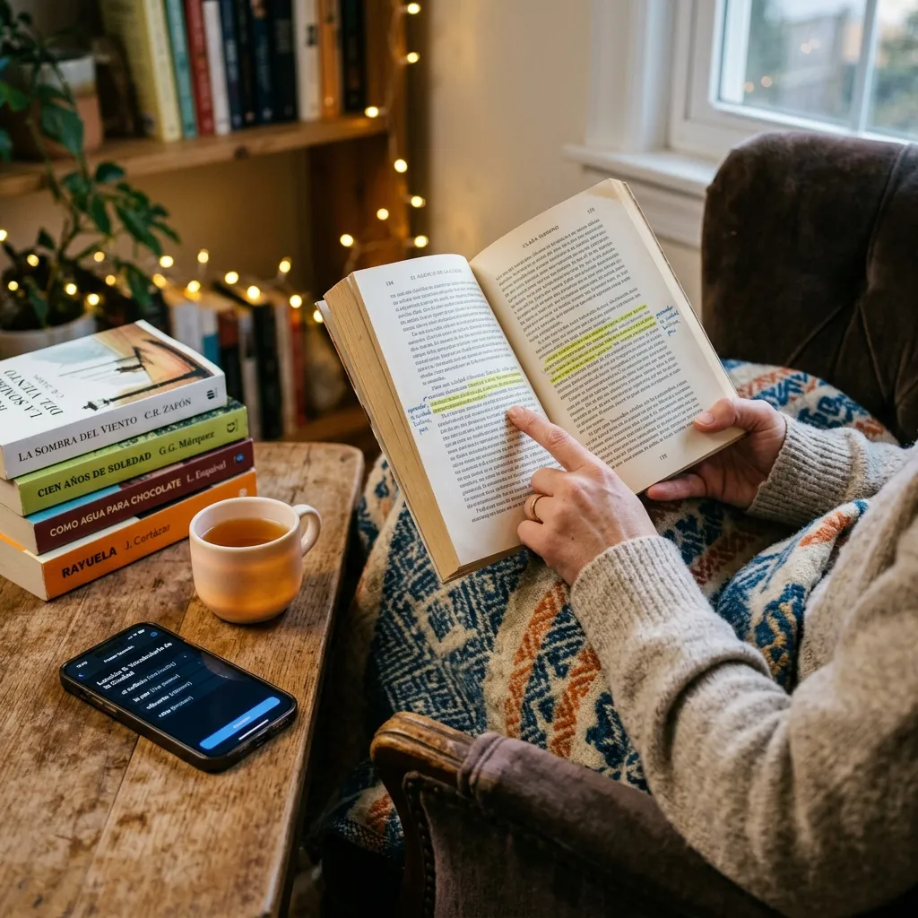 A cozy reading scene with a person holding a Spanish book, AI translation on a phone nearby, and warm fairy lights in the background
