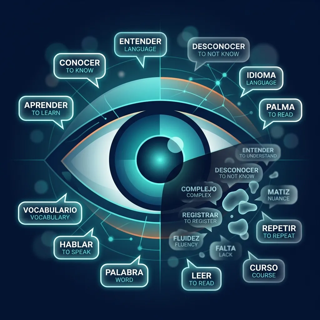 A stylized eye surrounded by floating Spanish-English word bubbles, some clear and some blurred, representing vocabulary blind spots in language learning